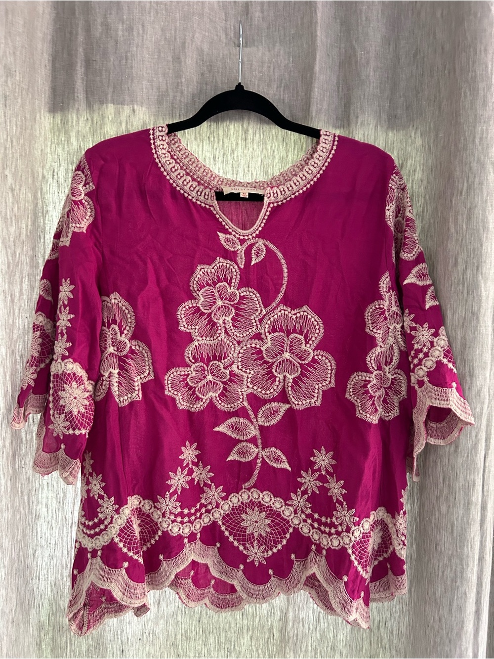 SOLITAIRE ANTHROPOLOGIE 3/4 SLEEVE EMBROIDERED BOHO BLOUSE MEDIUM